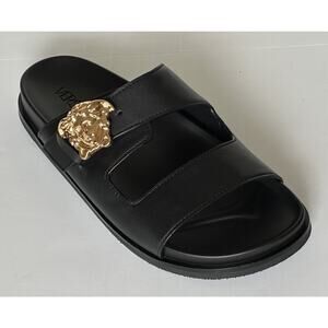 Versace Medusa Black Leather Slides Sandals 8 US (41 Euro) 1020767 NIB $700